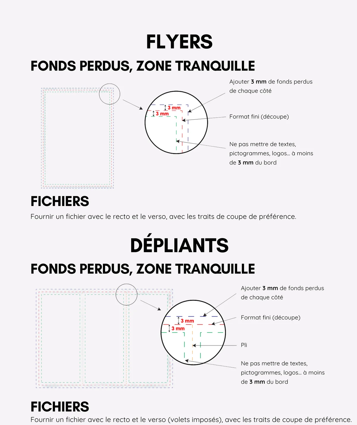 Flyers and flyers: 3 mm bleeds, cutting lines